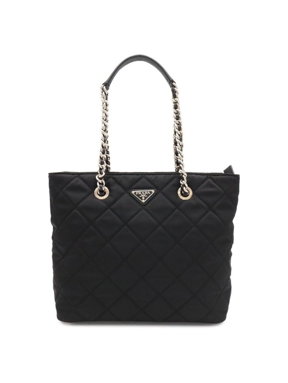 Prada Triangle Logo Tote Chain Shoulder Bag Quilted Nylon Nero Black Silver